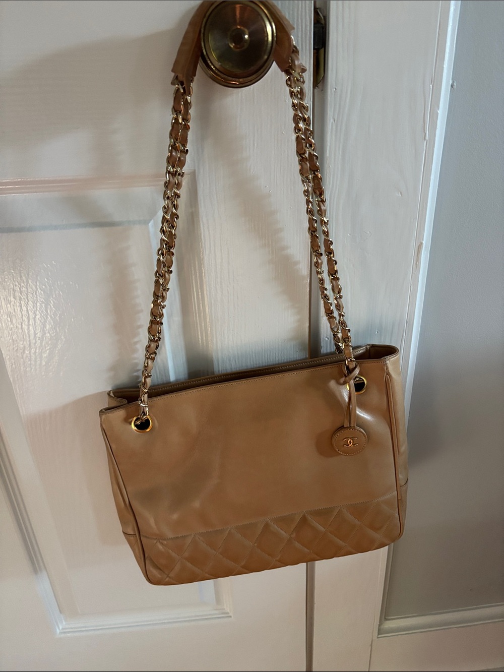 CHANEL Beige Lambskin Quilted Matelasse Chain CC Tote Bag.